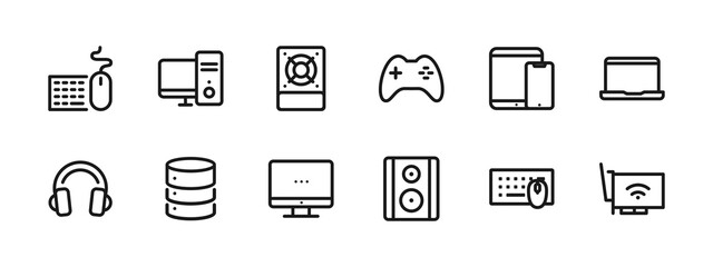 Computer Hardware Line Icon Set Device, Technology, PC Components, Server, and Electronics icon