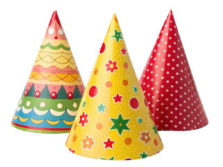 Three colorful party hats isolated on transparent background