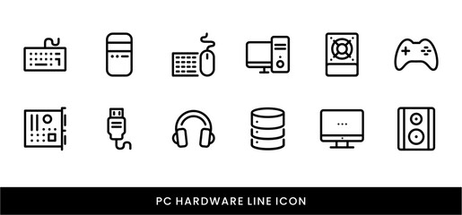 Computer Hardware Line Icon Set Device, Technology, PC Components, Server, and Electronics icon