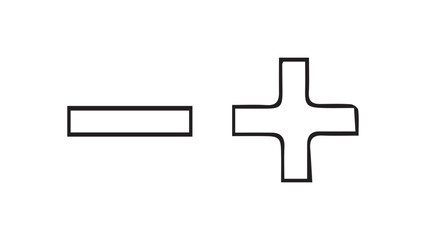 Hand drawn math signs on white background, plus and minus signs for solving math problems, plus and minus signs drawn with ink, white math signs with black outline, mathematical symbol