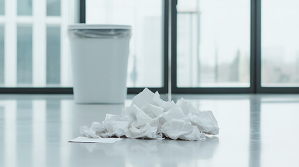 Wasteful Office: A pile of crumpled paper sits on the floor next to an overflowing trash can in a bright, modern office space, suggesting rework or frustration.