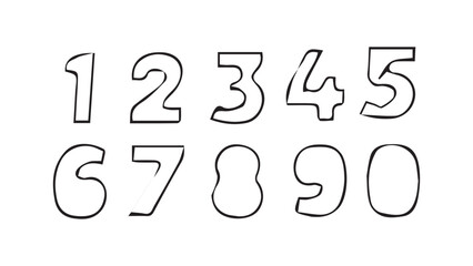 Set of numbers in the form of stencil, sloppy numbers, military stencil numbers, sports number collection, numbers written by hand in ink, white number with black outline, mathematical symbol