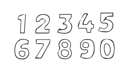 Set of white numbers with black outlines handwritten in ink, uneven numbers on white background, mathematical symbol, sloppy numbers for calculation, numbers for birthday greetings