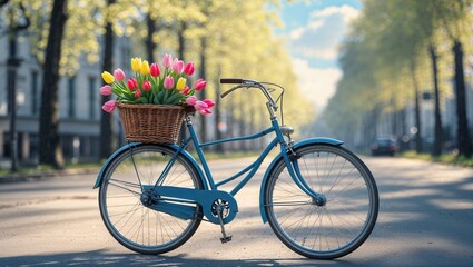 Fototapeta premium Colorful bicycle with flower basket parked on sunny street lined with trees during springtime