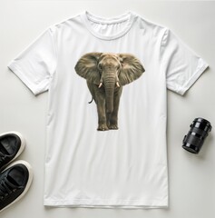 Flat lay of white t-shirt with elephant print in minimalist style on light background representing travel or photography theme with copy space