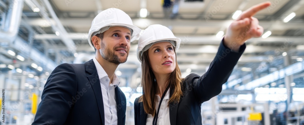 Poster the professionals inspecting a factory and discussing future projects with enthusiasm.