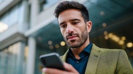 Urban superhero in stylish jacket checking smartphone amidst cityscape