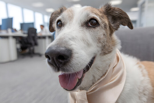 Take Your Dog to Work Day concept. Golden retriever in an open space office.