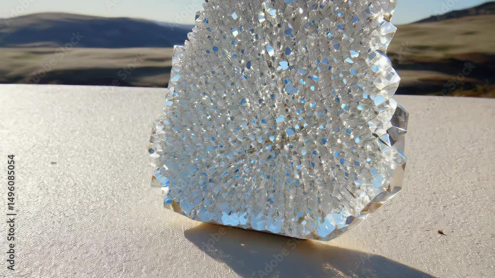Poster abstract sparkling crystal sculpture, faceted structure on platform with distant hills, sunlight cre