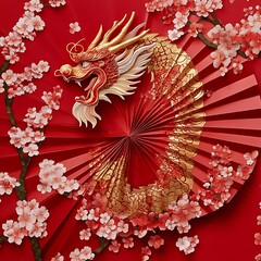 Decorative dragon and cherry blossoms design on a red background.