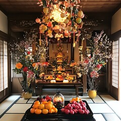 Festive offerings displayed in a traditional Japanese temple.