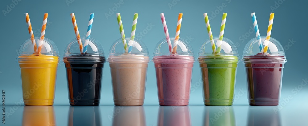 Poster the colorful array of smoothy drinks with vibrant flavors and straws.