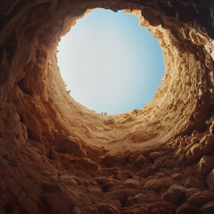 View from the bottom of a dirt well or pit with smooth walls, looking upward toward the sky