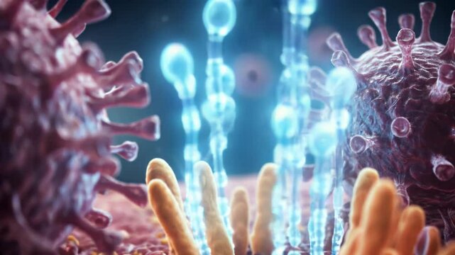 

3D animation: Coronaviruses sit on a ciliated cell surface. A glowing blue chain, possibly antibodies or immune signals, emerges from the cell, signifying a response to the viral presence.