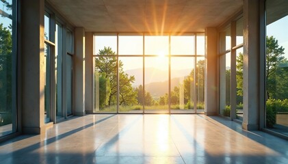 Sunlight streaming through energy-efficient windows in a modern building, glass window, modern, building facade