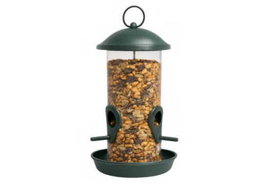Bird feeder filled with seeds on transparent background