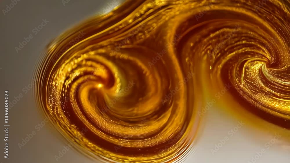 Poster abstract macro image featuring swirling textured patterns of rich gold liquid, reflective light and 