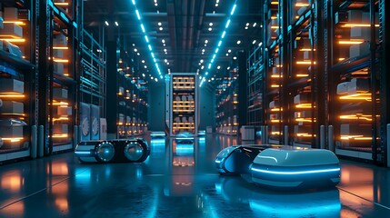 Automated Warehouse with Glowing Robots and Racks of Packages