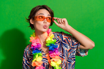 Photo of impressed woman dressed print blouse necklace touch sunglass staring at sale empty space...