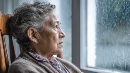 Thoughtful elderly woman reflecting by a rainy window