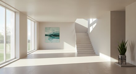Fototapeta premium Modern interior design featuring an empty, sunlit staircase leading to the sky in a minimalist hall, showcasing contemporary home architecture