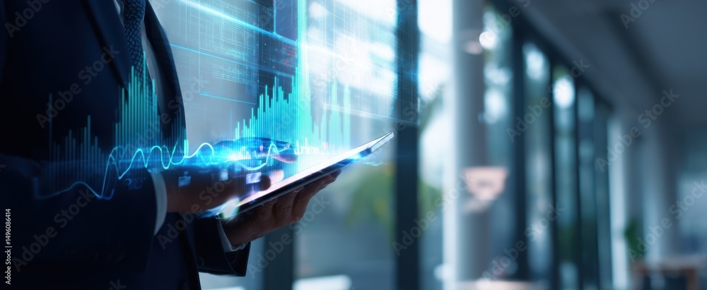 Poster the business professional interacting with digital data visualization on a tablet.