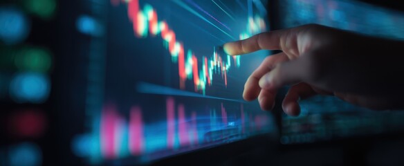 The hand interacting with a digital financial market analysis screen in a modern workspace.