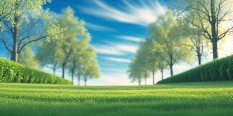 Fototapeta premium Lush green field with trees under a bright blue sky during a sunny day