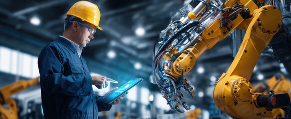 The engineer interacting with robotic arm in a modern industrial setting.