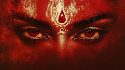 Close-up of a woman's face, painted in vibrant red and gold.