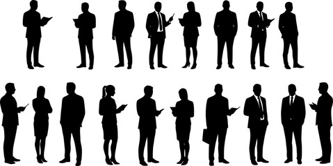 Silhouettes of woman and girl, man and boy standing, holding hands, mother and daughter, father and son, family, profile, vector, black color, isolated on white background