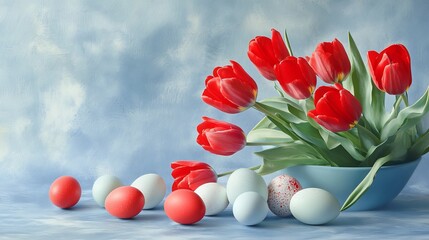 Obraz premium Beautiful Red Tulips Easter Eggs Spring Flowers Festive Decoration Pastel Blue Background Vibrant Colors Holiday Still Life Photography Image art card saver happy fresh 