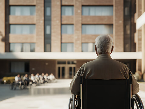 Elderly man in wheelchair, observing a group of people in wheelchairs outside a building. Calm and reflective atmosphere. Focus on aging and observation.