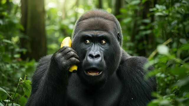 Expressive gorilla engaging with a banana as a telephone in a lush jungle setting