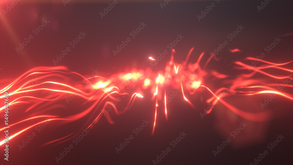 Poster red glowing energy stream abstractly twisting through a dark background with intense light trails