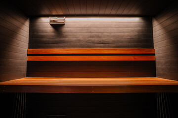 Modern sauna interior with dark wooden paneling, slatted bench seating, and overhead lighting, creating a serene, clean atmosphere..