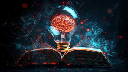 A glowing light bulb with an abstract brain inside, AI absorbing information from printed material