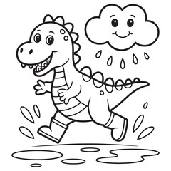 Dinosaur Running with Happy Cloud &ndash; Cute Prehistoric Cartoon Line Art for Kids Coloring Page