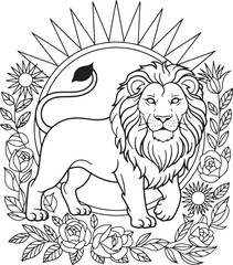 Majestic Lion Line Art with Sun and Jungle Background