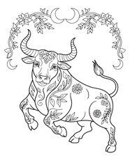 Taurus Zodiac Sign Line Art with Detailed Patterns