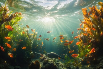 Sunbeams illuminate a vibrant underwater scene teeming with orange fish and swaying kelp forests.