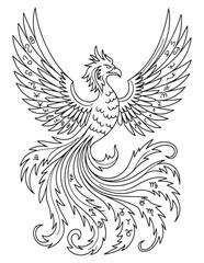 Line Art of a Mythical Phoenix Bird with Decorative Feathers