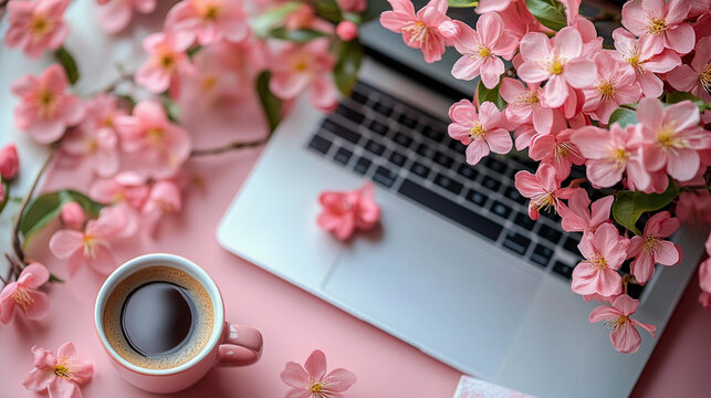 Creative flat lay of workspace with tulips, coffee cup, notebook, and laptop on a pink background