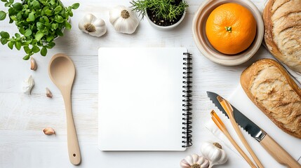 Blank recipe notebook surrounded by culinary ingredients.
