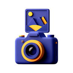 Fototapeta premium 3d render of a blue camera with a landscape image isolated on a white background