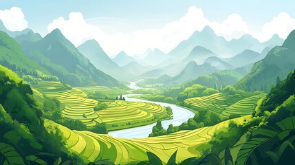 Serene Rice Terraces River Valley.