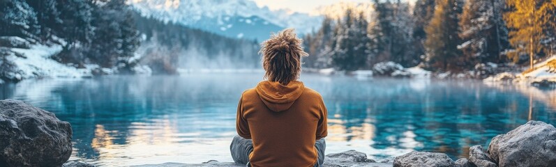 Fototapeta premium Person sitting on a rock looking out at a lake work-travel lifestyle banner