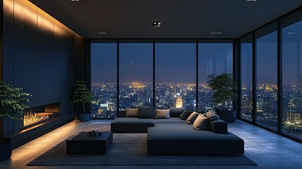 Modern Luxury Black Living Room with City View at Night, 3D Render Interior Design Concept.