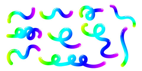 Wavy rainbow gradient lines. Curls, bends, loops of blue, green, yellow, purple colors. Minimalistic 3D vector shapes. Organic, flowing abstract shapes. Isolated.