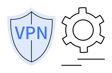 Shield labeled VPN alongside gear icon, symbolizing data security and system settings. Ideal for cybersecurity, network protection, privacy, software, IT management, online safety, and simple landing